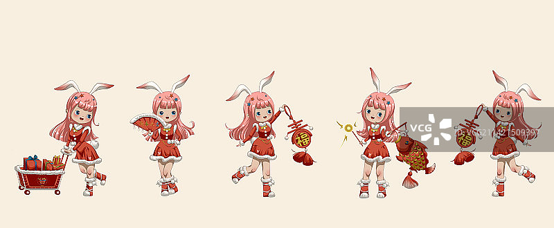 五个兔耳朵Q版萝莉图片素材