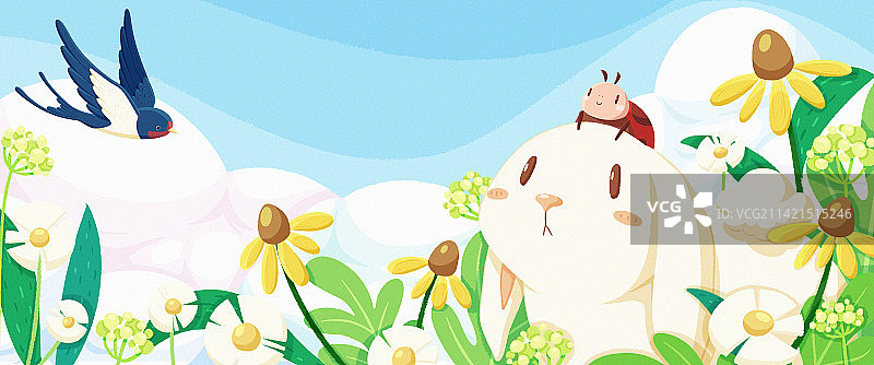 兔子瓢虫在花丛看燕子图片素材