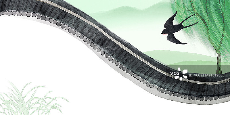 春天来了燕子飞围墙外春风吹动柳条山河大地一片绿色图片素材