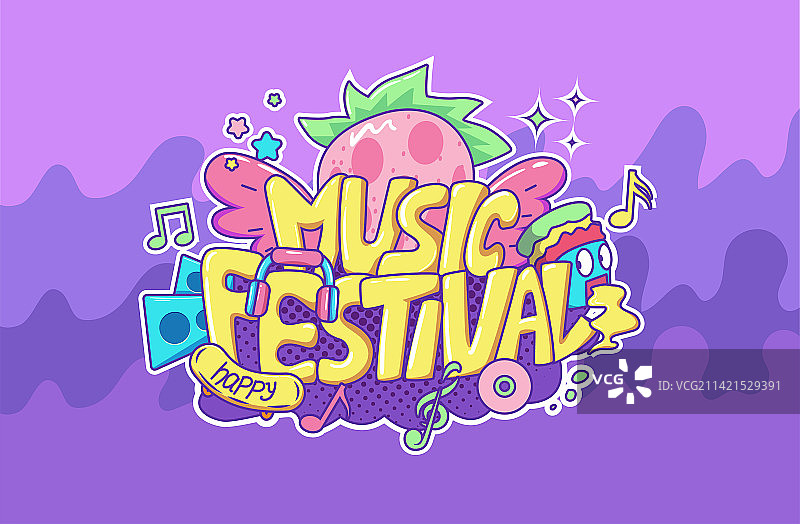 草莓音乐节涂鸦风插画图片素材