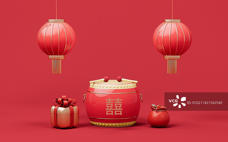 卡通音乐锣鼓与灯笼3D渲染图片素材
