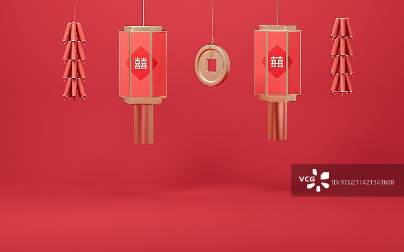红色喜庆灯笼中国风背景 3D渲染图片素材