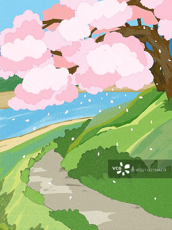 春花盛开的河边小路图片素材