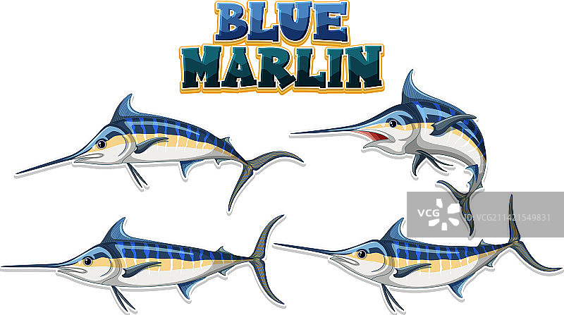 不同姿势的蓝色马林鱼卡通角色图片素材