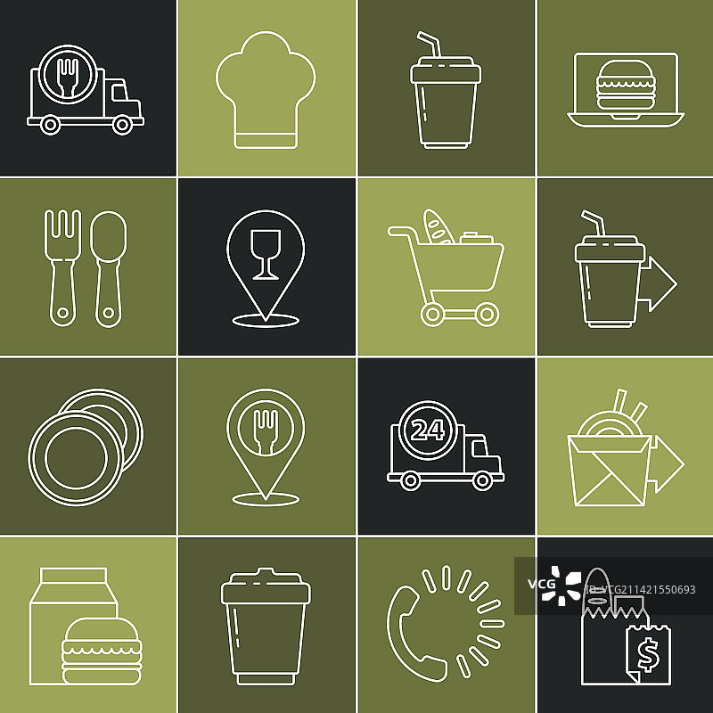 在线订餐和外卖面条线性图标图片素材