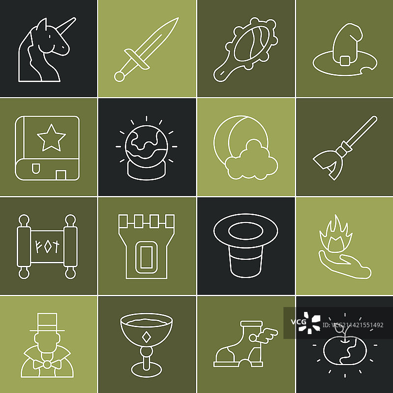 毒苹果、手持火焰女巫线条组合图片素材