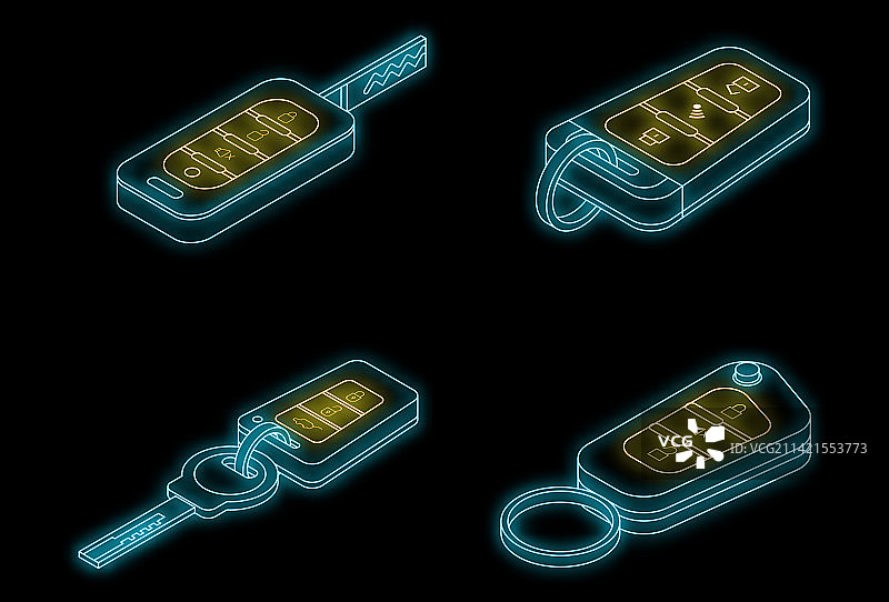 汽车警报系统霓虹灯图标集图片素材