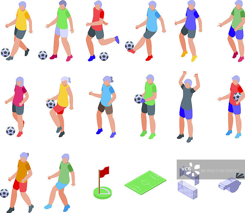 老年人踢足球等距视角图标集图片素材
