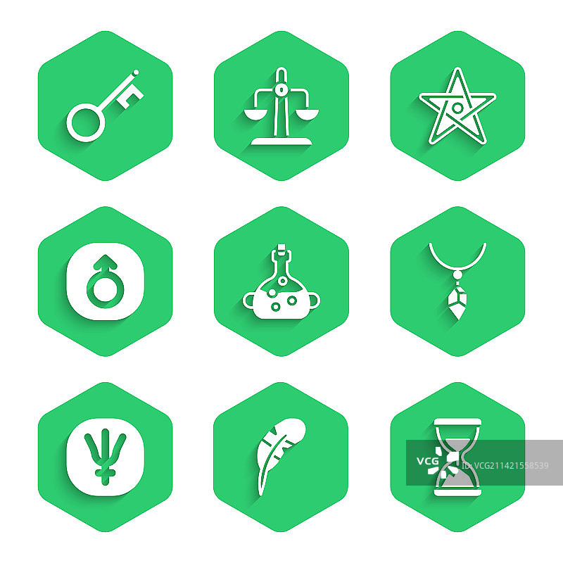 瓶装毒药、羽毛笔与旧沙漏图片素材