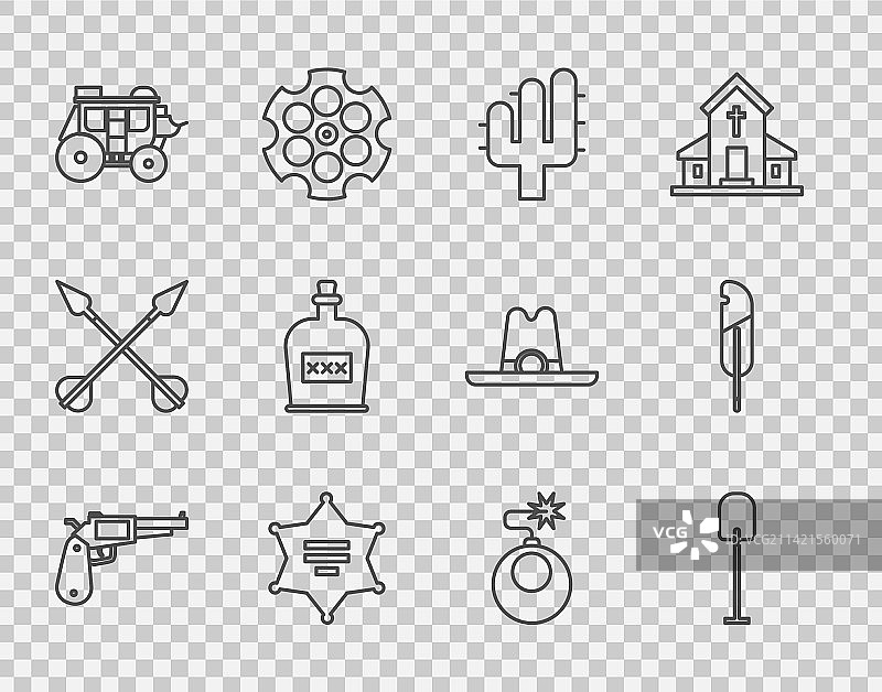线条图标：左轮手枪、铲子、仙人掌、六芒星图片素材