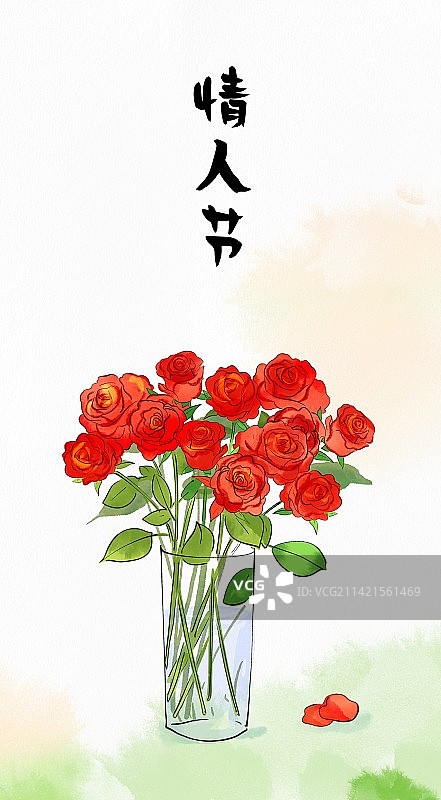 中国风手绘情人节红玫瑰插画图片素材