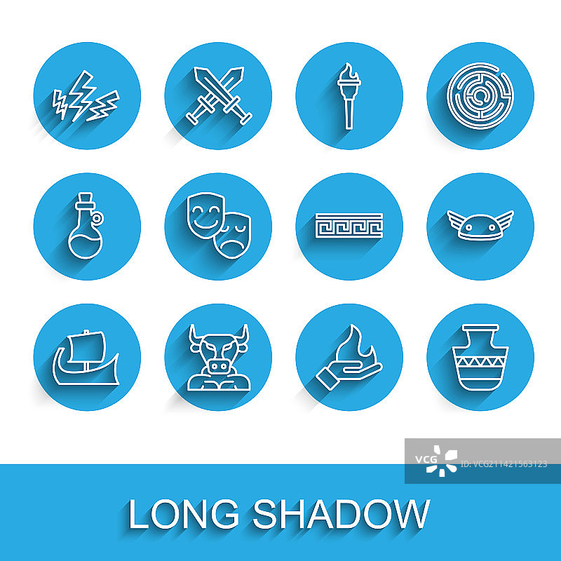 希腊三层桨座战船米诺陶斯和宙斯手绘线条图片素材