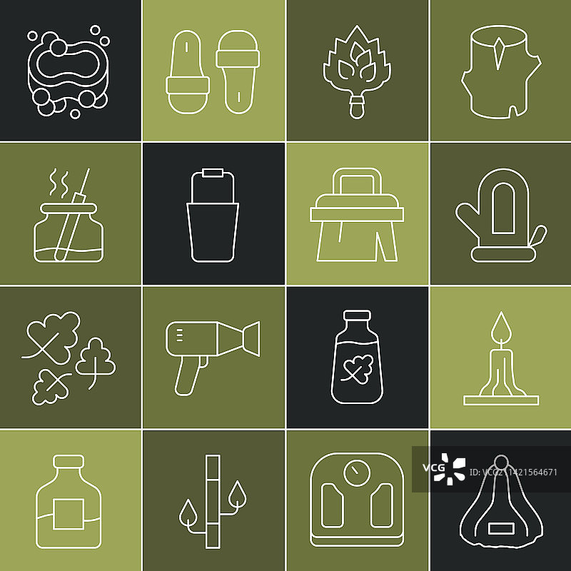 桑拿帽、燃烧的蜡烛和扫帚套装图片素材