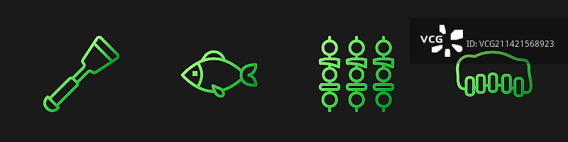 烤肉串串、铲子和鱼的线条集合图片素材