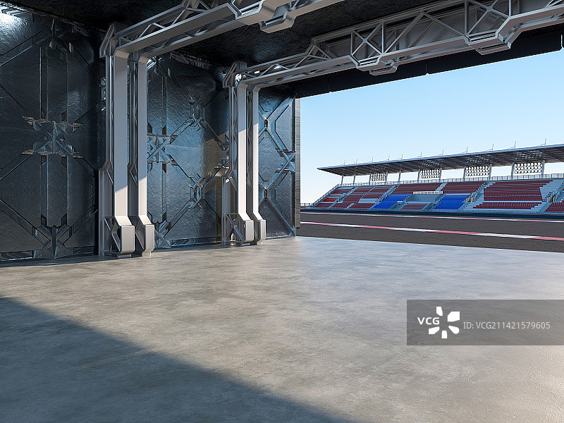 三维渲染赛车场和未来感金属仓库图片素材