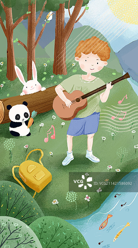 在森林里弹吉他的男孩图片素材