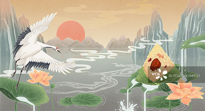 国潮仙鹤粽子手绘端午节插画图片素材