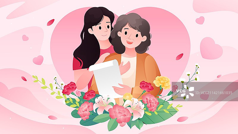 妇女节粉色爱心下相拥的母女图片素材