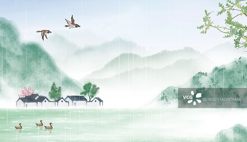 雨水节气春天江南插画图片素材