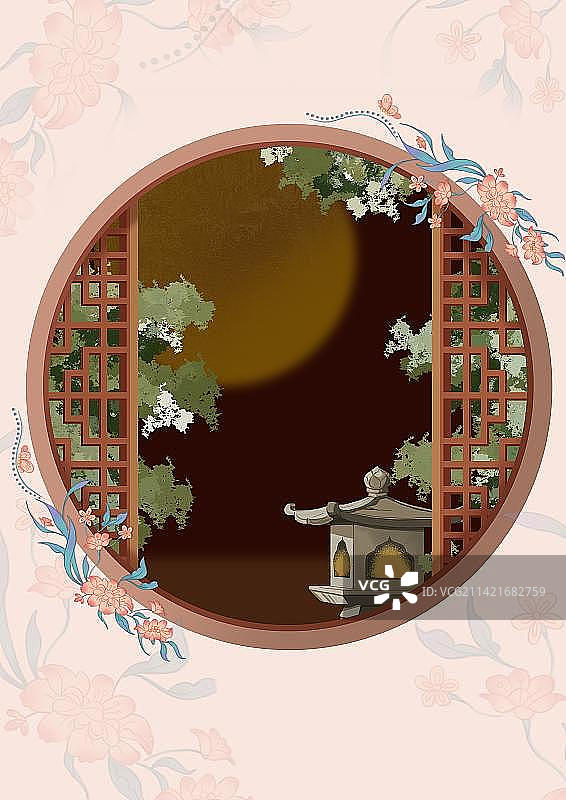 中式圆窗夜景背景插画图片素材
