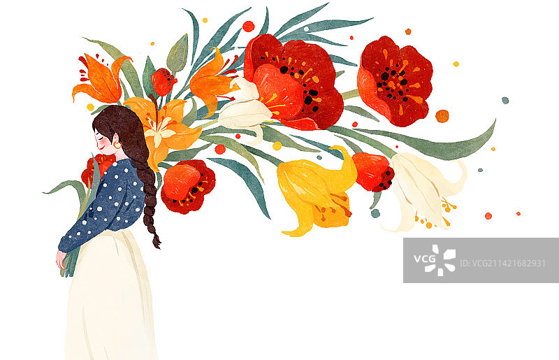 春天节气插画鲜花和女孩图片素材