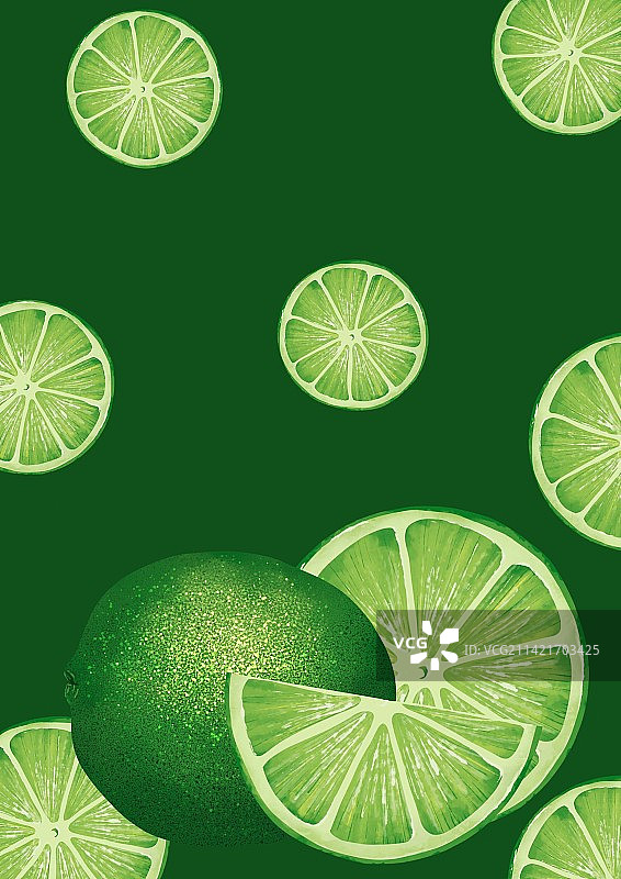 新鲜水果切片清新背景插画青柠图片素材