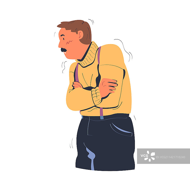 男人穿着针织毛衣，感到寒冷和颤抖图片素材