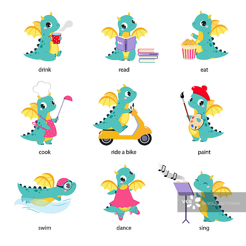 有趣的龙卡通角色和英语动词学习图片素材