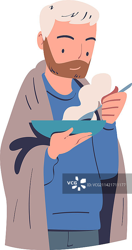 可怜的无家可归男人在碗里喝热汤取暖图片素材