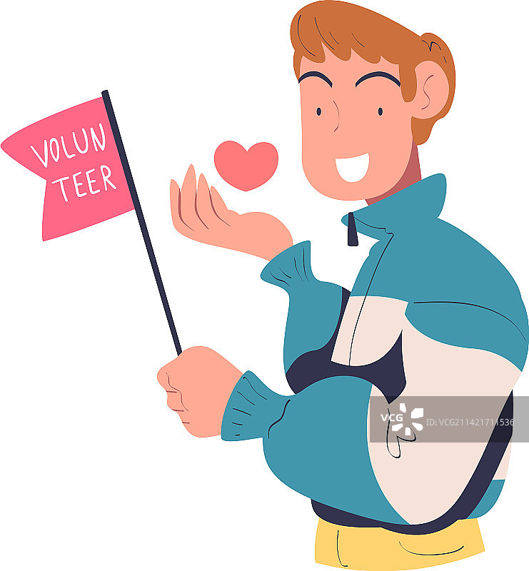 年轻男志愿者举着旗帜和红心图片素材