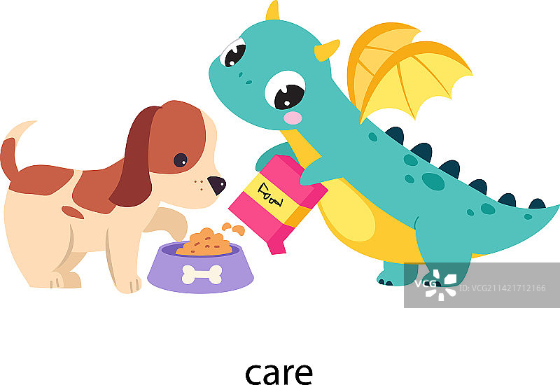 照顾小狗的卡通龙形象图片素材