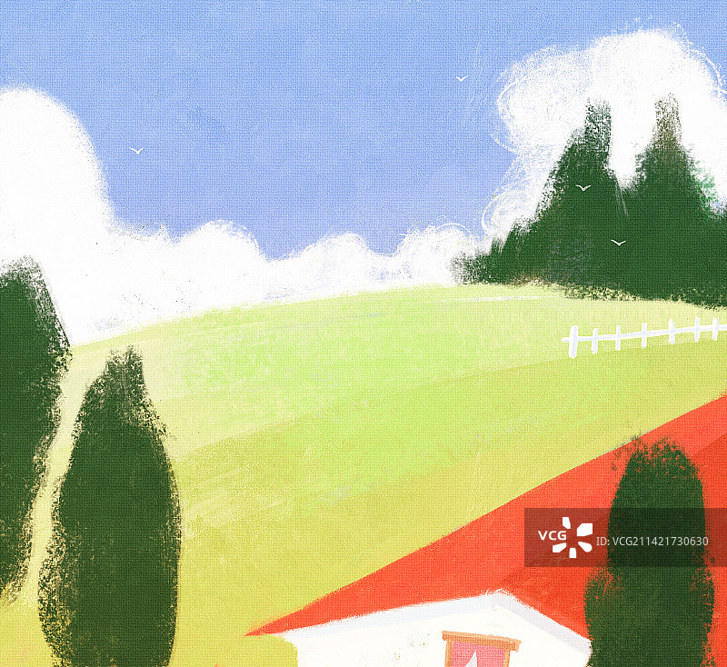 油画风格庄园后无人的山坡蓝天白云安静风景图片素材