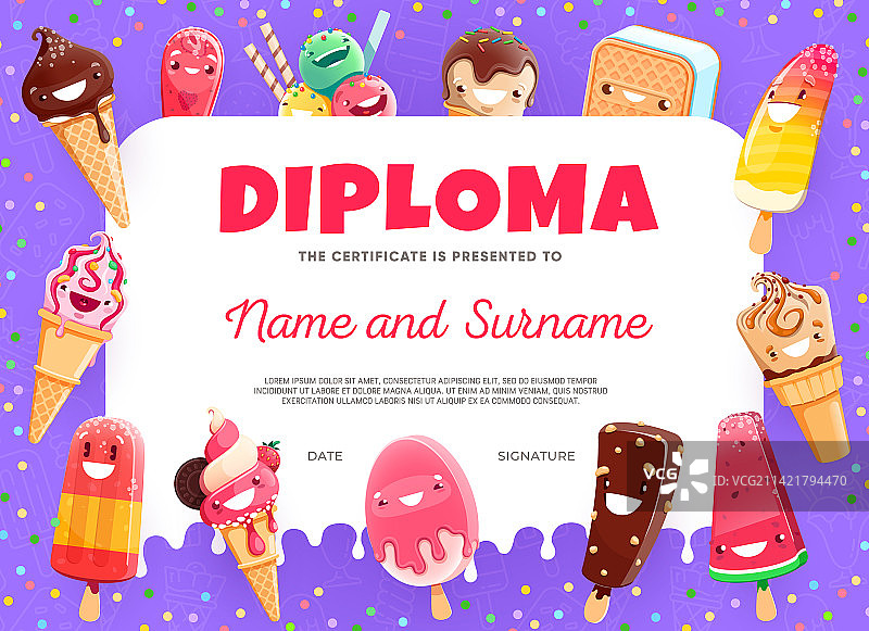 儿童卡通趣味冰淇淋甜点毕业证书图片素材