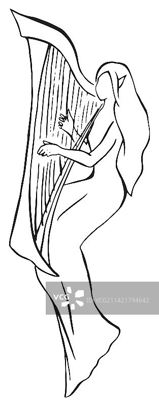 单色线条艺术：弹奏竖琴的精灵吟游诗人图片素材