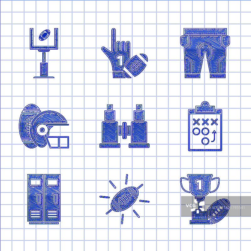 双筒望远镜美式橄榄球奖杯套装图片素材