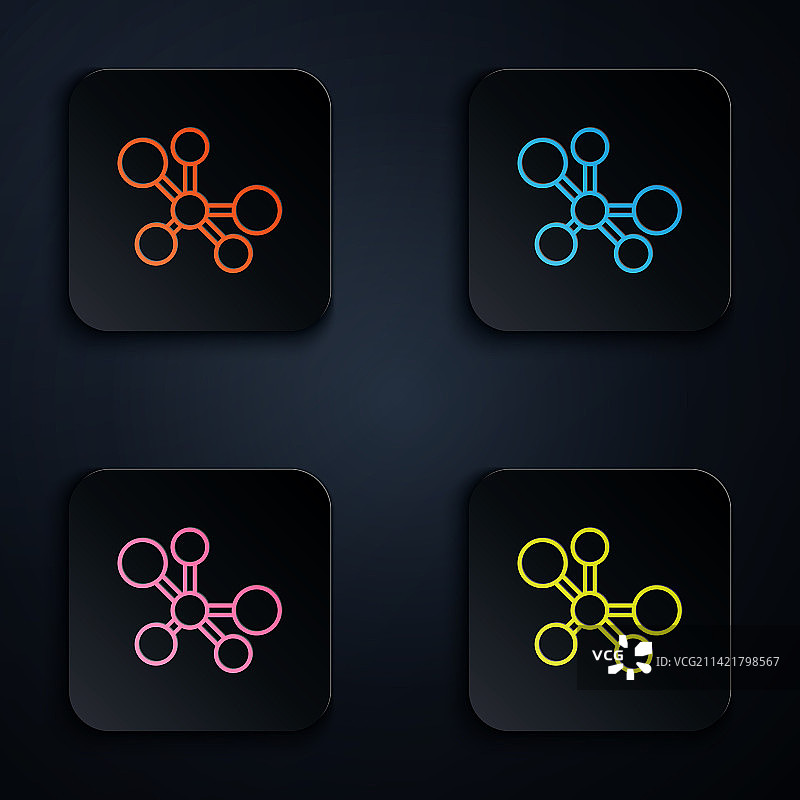 黑色背景上的彩色霓虹灯线条分子图标图片素材