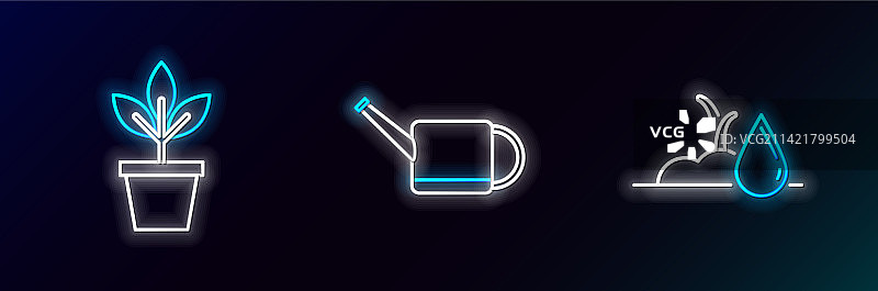 浇水壶、花朵和花盆图标图片素材