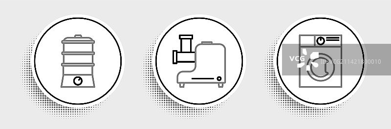 洗衣机、双层蒸锅和厨房肉类线条图标图片素材