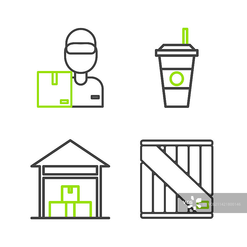 木箱、仓库和咖啡杯线条素材图片素材
