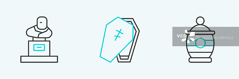 全套线条葬礼瓮、墓碑和墓穴图标图片素材