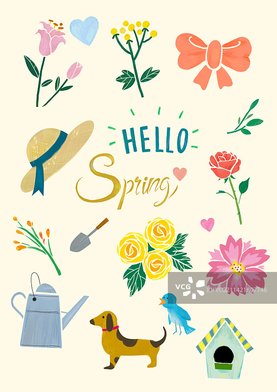 hello spring你好春天手绘肌理插画模版图片素材