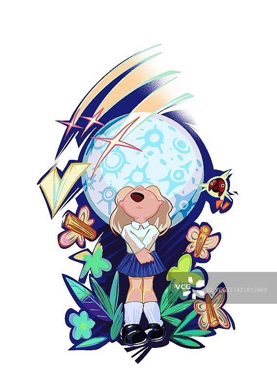 星空下许愿的少女图片素材