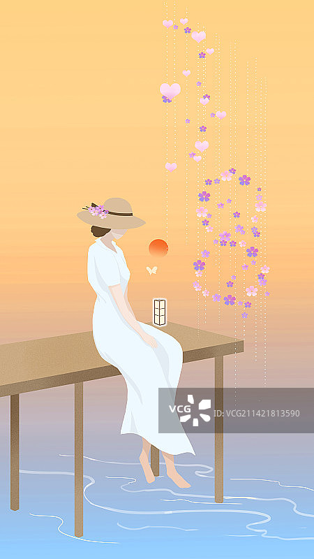 海边静坐看蝴蝶的女子图片素材