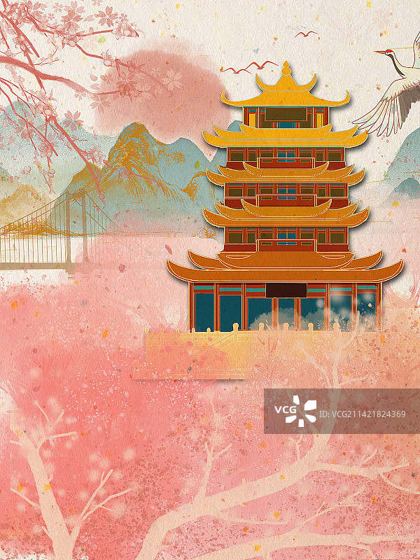 春天武汉的樱花和黄鹤楼图片素材