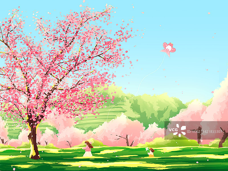 春天女孩儿童踏青赏樱花放风筝风景插画图片素材