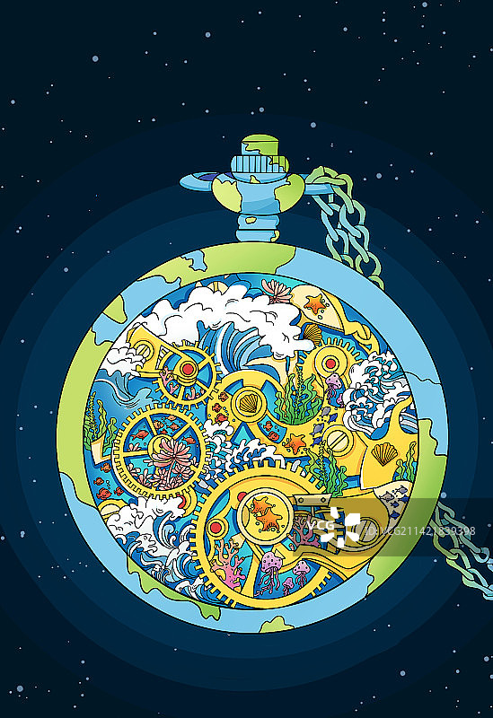 海洋地球与怀表同构公益插画图片素材