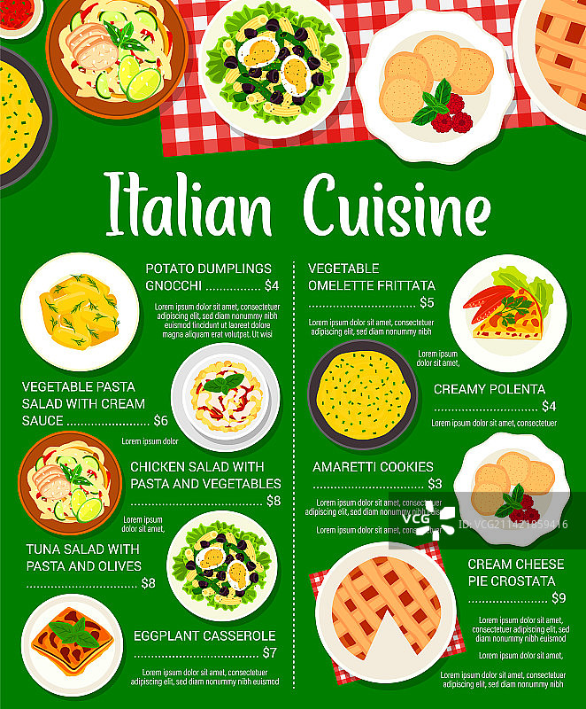 意大利美食菜单意大利菜肴价格表图片素材