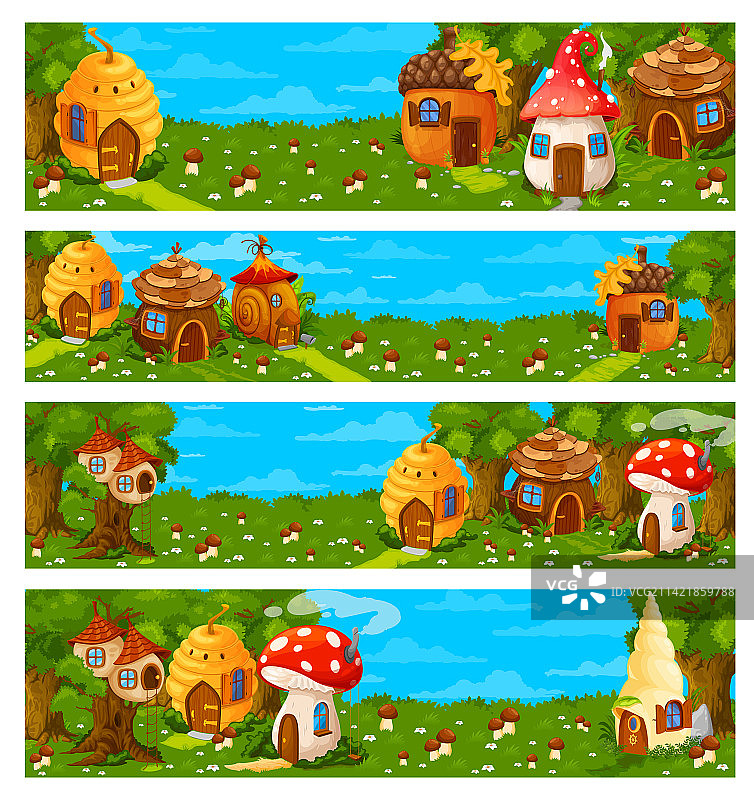 游戏关卡场景与卡通精灵小屋图片素材