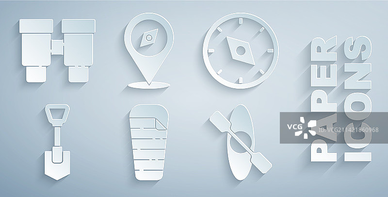 睡袋、指南针、铲子、皮划艇或独木舟图片素材