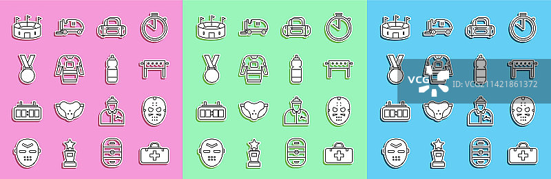 急救箱、曲棍球面具与运动桌线条图片素材